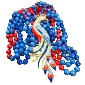 J Crew Womens Necklace Gold Tone Huge Bird Pendent Red Blue Enamel Rhinestone
